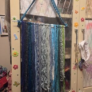 Hand Crafted Blue Teal Green & Gray Toned Yarn Wall Hanging Boho Tapestry Upcycl